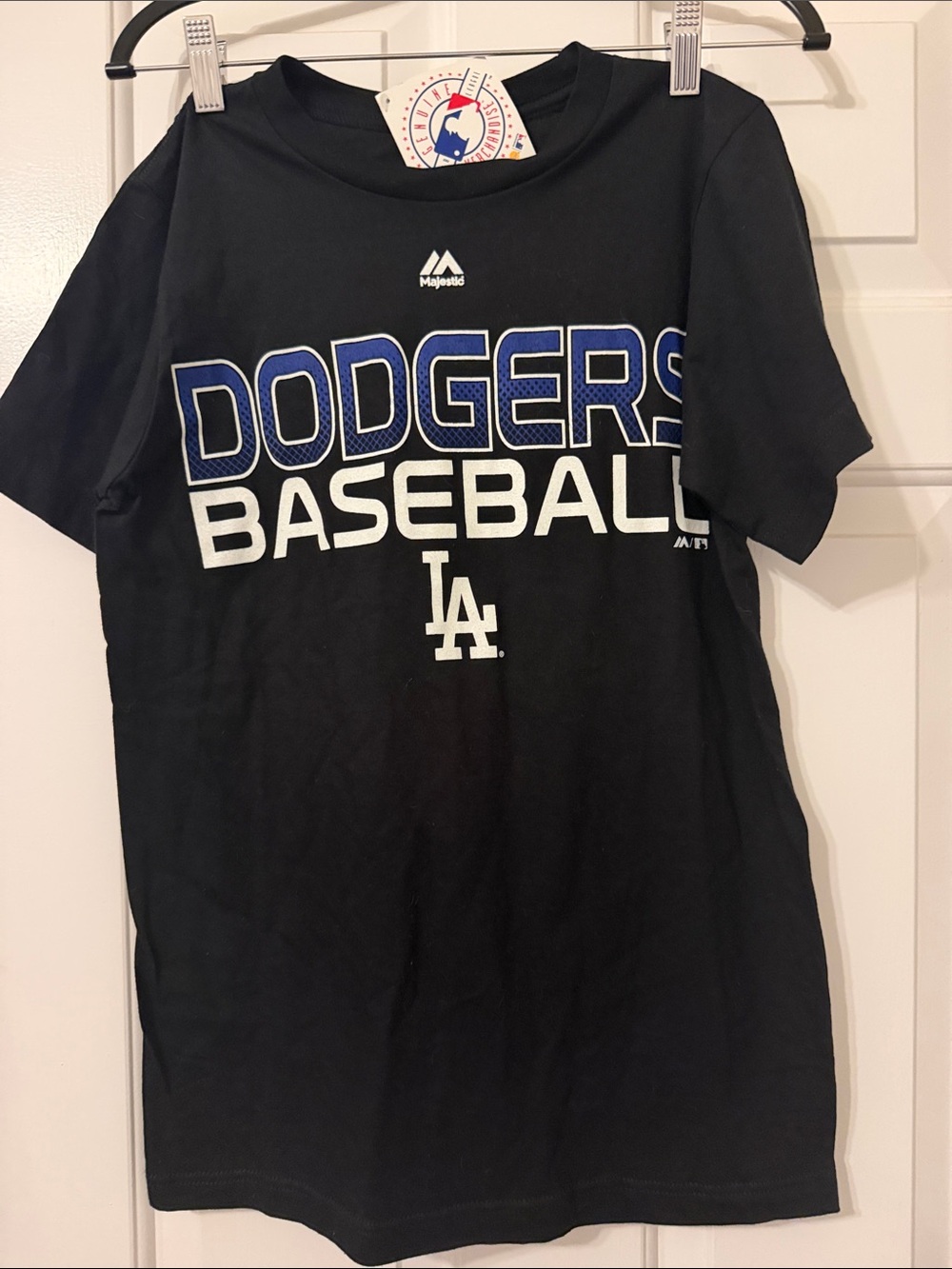 Majestic Black Dodgers Baseball Tee with Blue and White Logo